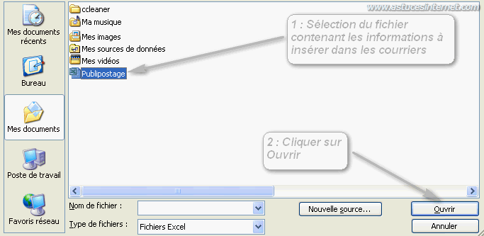 Publipostage : Sélection de la liste de données