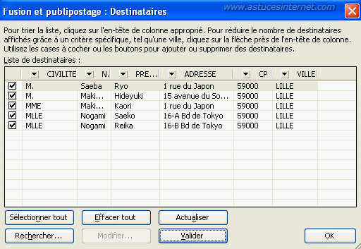 Publipostage : Sélection de la liste de données