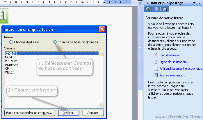 Publipostage : Sélection des champs