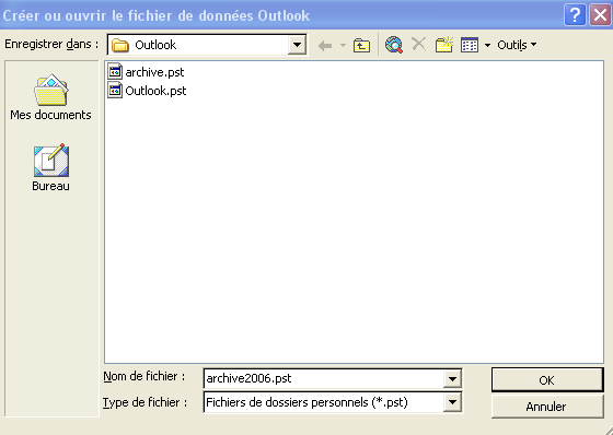 Nommer le nouveau fichier PST