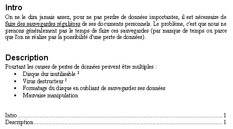 Création d'un sommaire