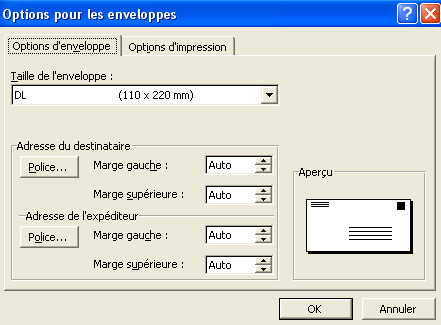 Paramétrage des options 
(enveloppes)
