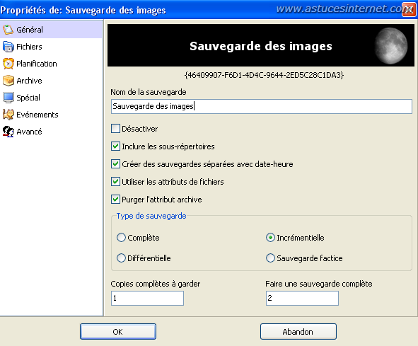 Param�trage de la sauvegarde