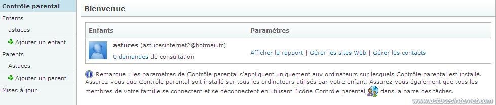Paramétrage du contrôle parental