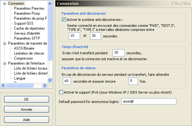 Paramètres de connexion