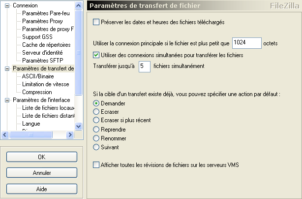 Paramétrage des transferts