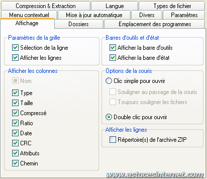 Param�trage des options de FilZip
