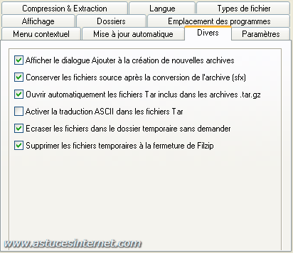 Param�trage des options de FilZip