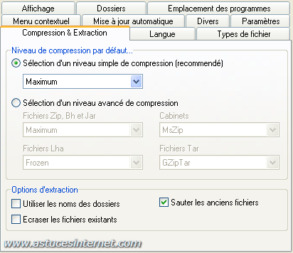 Param�trage des options de FilZip