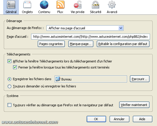 Option de paramétrage de Firefox 2.0 : Onglet général