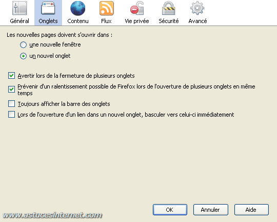 Option de paramétrage de Firefox 2.0 : Onglets