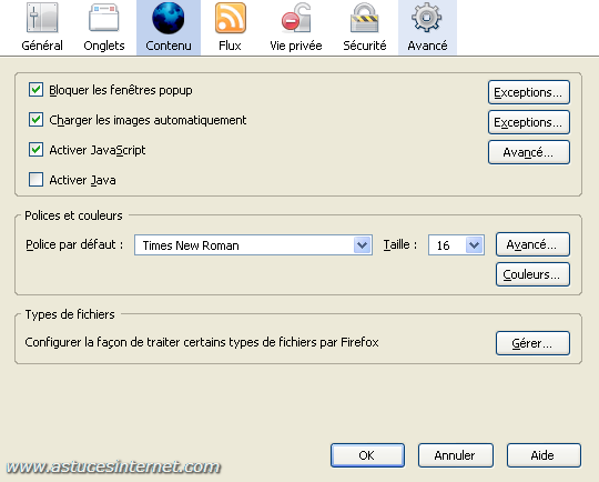 Option de paramétrage de Firefox 2.0 : Onglet contenu