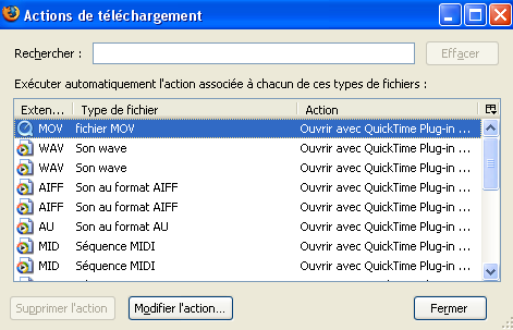 Option de param�trage de Firefox 2.0 : Types de fichiers