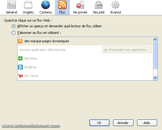 Option de paramétrage de Firefox 2.0 : Onglet Flux