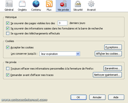 Option de paramétrage de Firefox 2.0 : Onglet vie privée