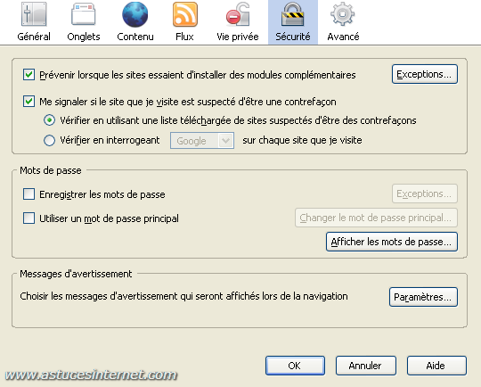 Option de paramétrage de Firefox 2.0 : Onglet sécurité