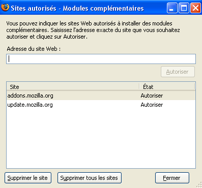 Option de paramétrage de Firefox 2.0 : Exeptions modules complémentaires