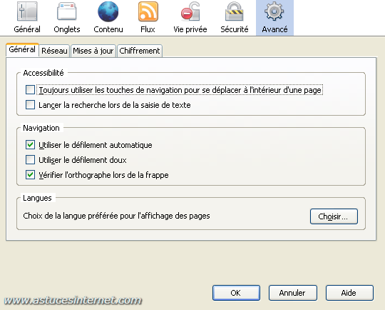 Option de param�trage de Firefox 2.0 : Avanc� (g�n�ral)