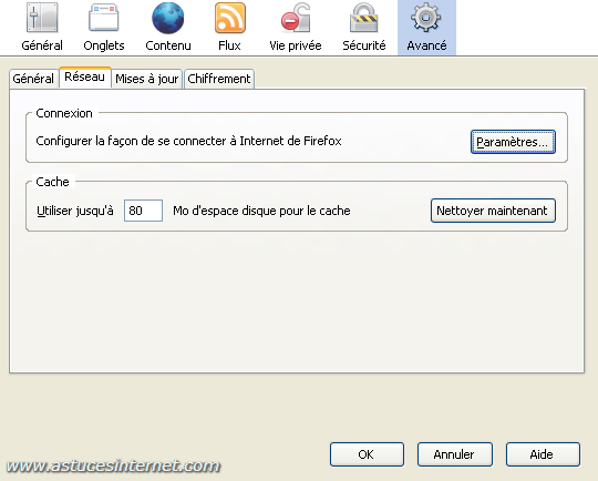 Option de paramétrage de Firefox 2.0 : Onglet (réseau)