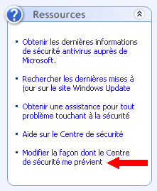 Options d'alertes du centre de sécurité de Windows