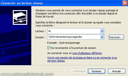 Param&eacute;trage de la connection au lecteur r&eacute;seau