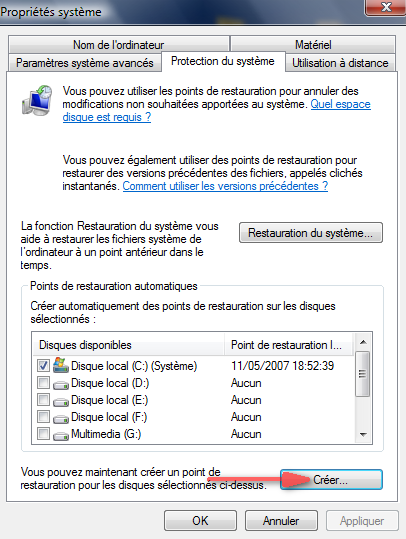 Cr�er un point de restauration