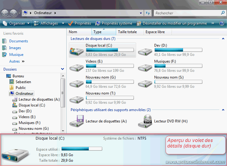 Volet des d�tails (sur un disque dur)