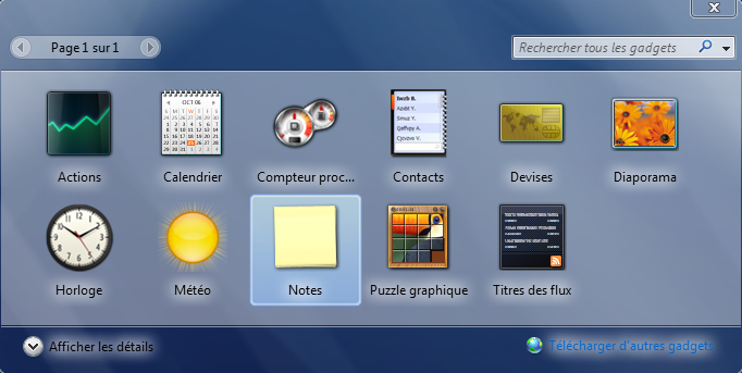 S�lection du gadget � ajouter
