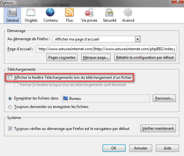 D�sactivation de la fen�tre de t�l�chargement par d�faut