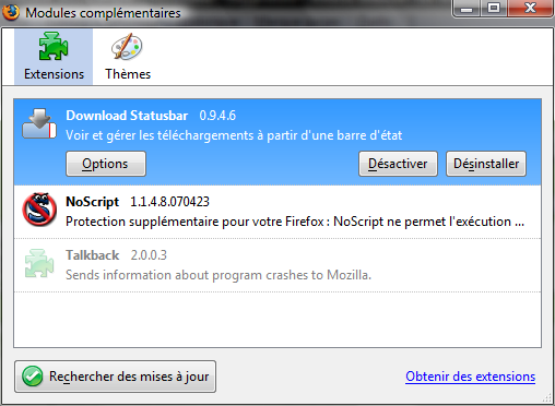 Param�trage de Download Statusbar