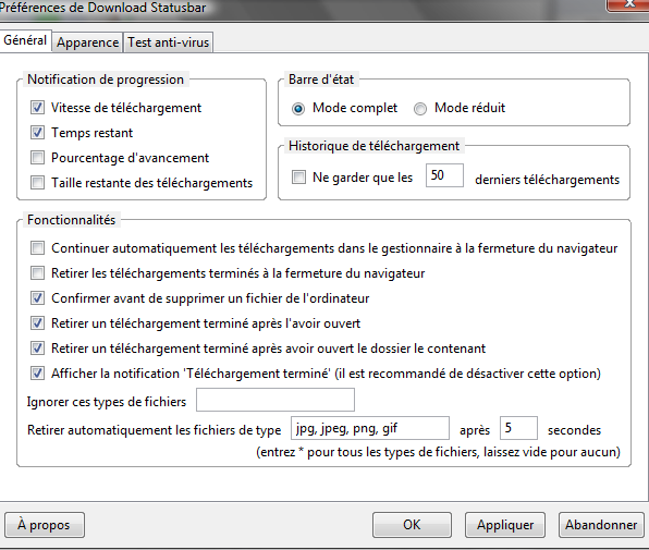 Options de Download Statusbar : Onglet g�n�ral