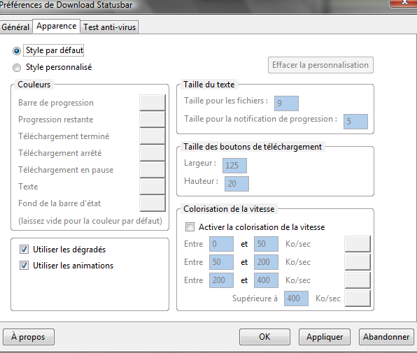 Options de Download Statusbar : Onglet Apparence