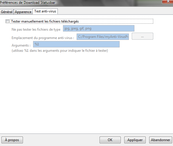 Options de Download Statusbar : Onglet Test anti-virus
