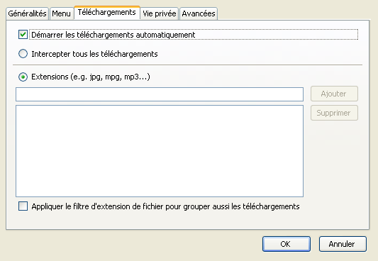 Menu options - T&eacute;l&eacute;chargements