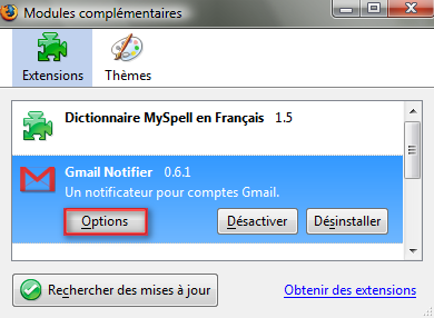 Param�trage des options de Gmail Notifier