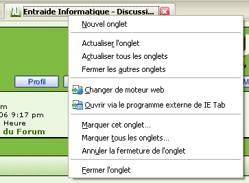 Menu contextuel sur un onglet