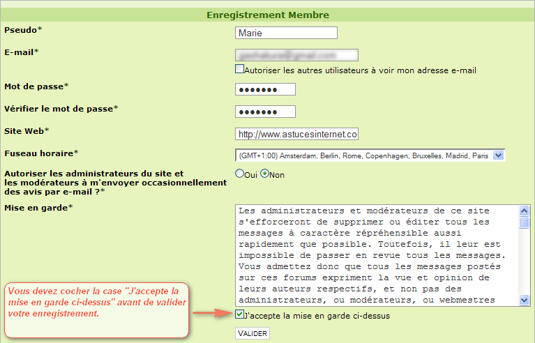 Inscription sur le site