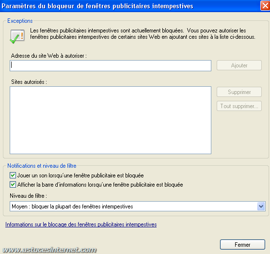 Param�trage de l'anti-popup