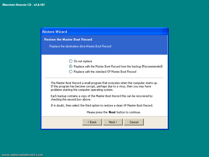 Macrium Reflect : Restoration backup