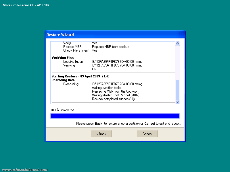 Macrium Reflect : Restoration backup