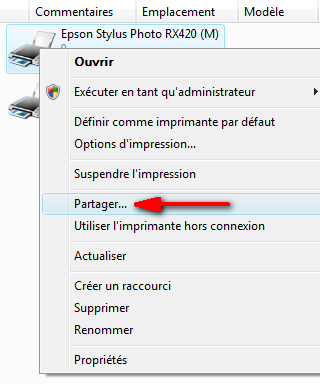 Partager l'imprimante (menu contextuel)
