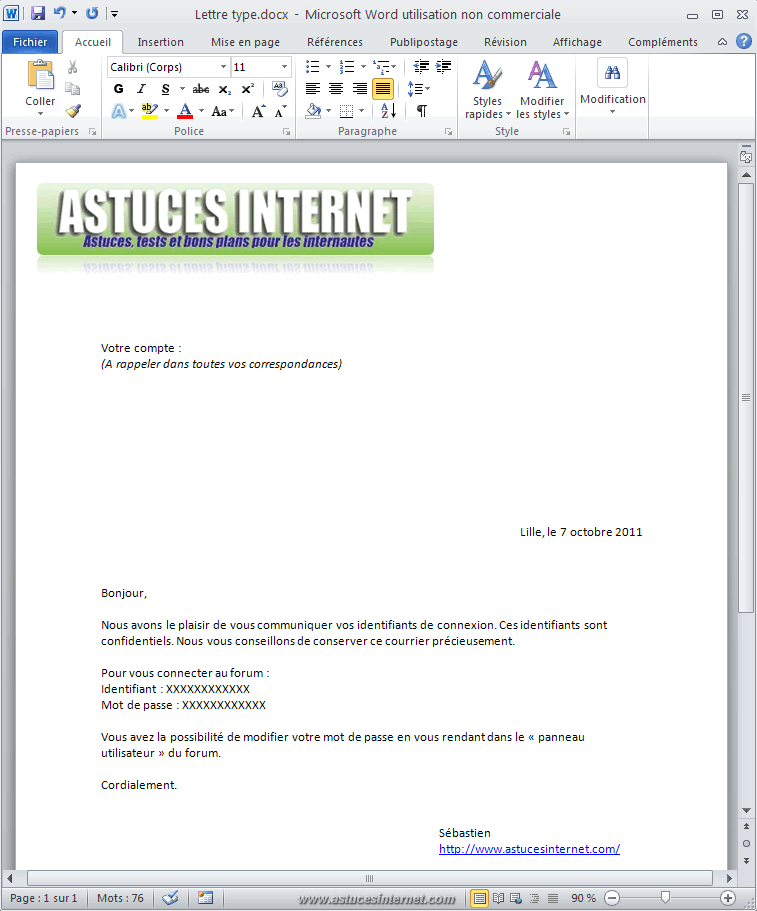 exemple de lettre word 2007