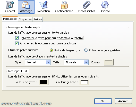 Thunderbird : Menu option - affichage (formatage)