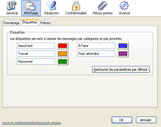 Thunderbird : Menu option - affichage (étiquette)