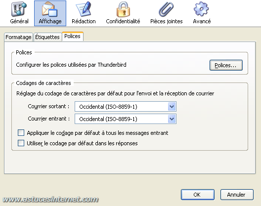Thunderbird : Menu option - affichage (Polices)