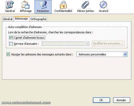 Thunderbird : Menu option - rédaction (adressage)