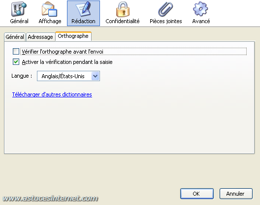 Thunderbird : Menu option - rédaction (orthographe)