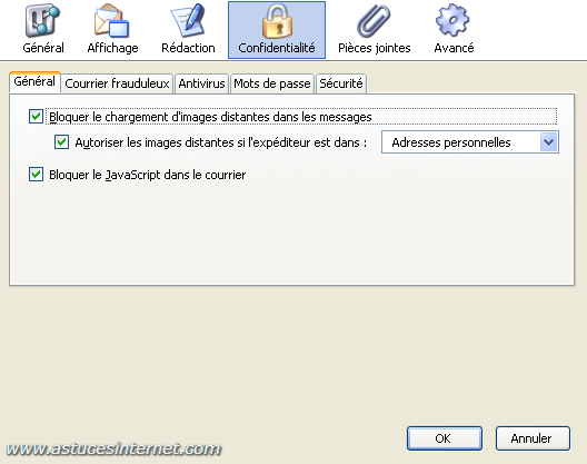 Thunderbird : Menu option - confidentialité