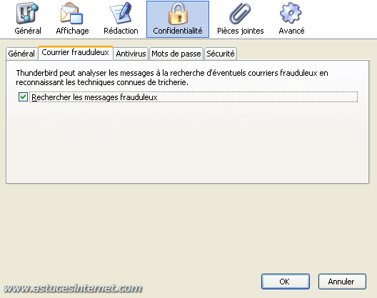 Thunderbird : Menu option - confidentialit�