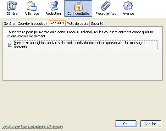 Thunderbird : Menu option - confidentialit�
